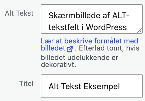 Skærmbillede af ALT-tekstfelt i WordPress
